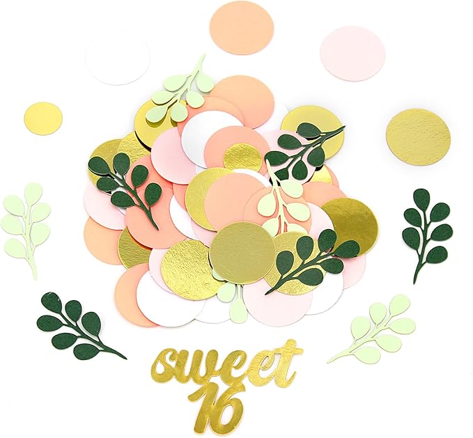 300PC Pink and Sage Green Sweet 16 Party Decorations for Girls 16th Birthday Confetti Sweet 16 Table Decorations Dots Eucalyptus Scatters for Sixteen Birthday Party Decor Supplies