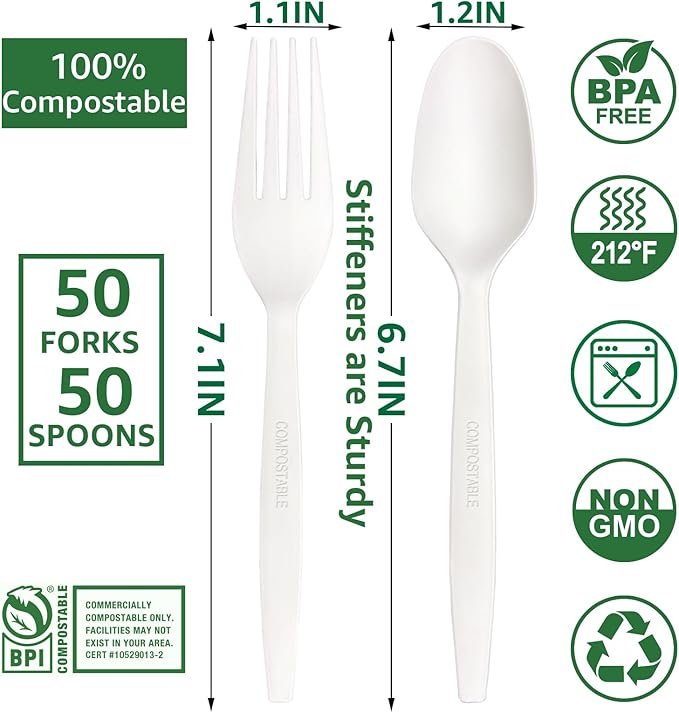 MISISIPI [7.1In 100Pcs] 100% Compostable Forks and Spoons Biodegradable Forks and Spoons HeavyDuty No Plastic Fork and Spoon Eco-friendly HeavyWeight Disposable Forks and Spoon Flatware Set