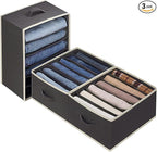 3 Pcs Large Size Wardrobe Clothes Organizers 6 Grids for Pants, Jeans, Sweater, T-shirt, Dress Stackable Closet Drawer Organizer Storage Bin Container with Sturdy Handles, Black