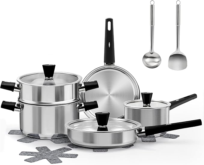Stainless Steel Cookware Set, 14-Piece Pots and Pans Set, Kitchen Cookware Set with Stay-Cool Handle, Non-Toxic, Dishwasher Safe & Compatible with All Stovetops (Gas, Electric & Induction)