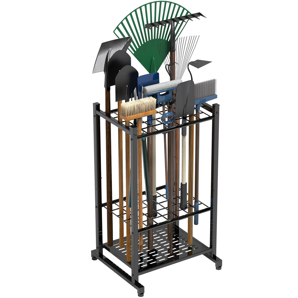 Garden Tool Organizer, Garage Tool Organizer & Garage Organization, Heavy Duty Steel Tool Storage Rack Holds 35 Rakes, Brooms Tools, Broom Holder and Mop Holder, Shed Organizer for Home Organization