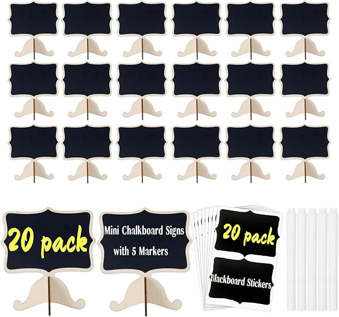 20 Pack Mini Chalkboard Signs Small Reusable Message Boards with Stand for Food Labels Party Buffet, Bakery, Weddings Place Cards Name Tags Table Numbers, with Markers and Blackboard Stickers