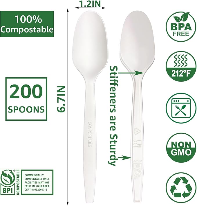 MISISIPI 200Count 100% Compostable Spoons Biodegradable Spoon HeavyDuty No Plastic Spoons Eco-friendly HeavyWeight Disposable Spoon Tableware Set for Lounge,Party,BBQ,Cafeteria,Wedding,Picnic