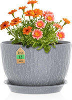 12 Inch Wide Water Ripples Flower Pots for Indoor or Outdoor Plants, Large Plant Pots with Drainage Holes & Saucer, Plastic Planters Set for Garden & Home Decor (Grey with White Speckles)