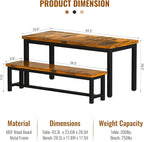 AWQM 43.3" Dining Table Set for 4, Kitchen Dining Table with 2 Benches, Dining Room Table Set with Metal Frame & Thickened Board for Kitchen, Restaurant, Rustic Brown