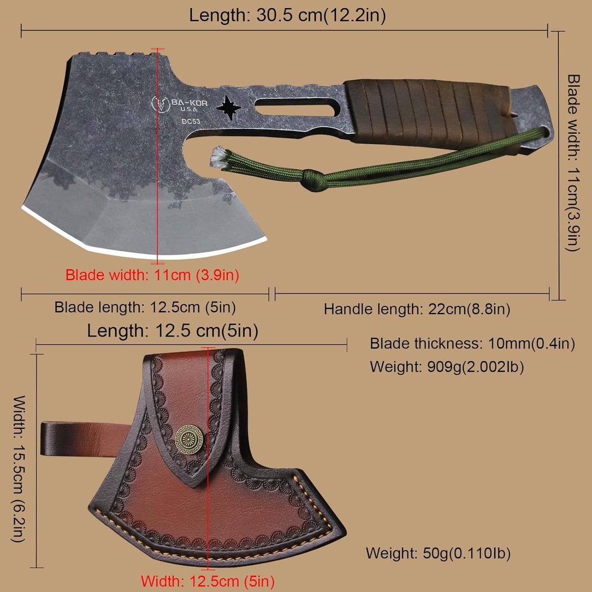 BA-KOR 12.2-inch DC53 Steel 10mm Thick Multi-Functional Survival Axe for Camping, EDC Tool, Jungle Logging Axe + Axe Sheath (5.9in) Cerium igniter