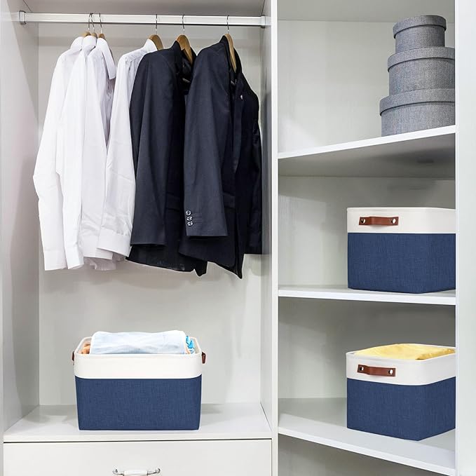 Storage Bins Large Fabric Storage Baskets for Shelves 3 Pack, Decorative Linen Closet Baskets with Handles for Organizing, Shelf, Clothes, Home, Office, 15x11x9.5Inches (NavyBlue&White)