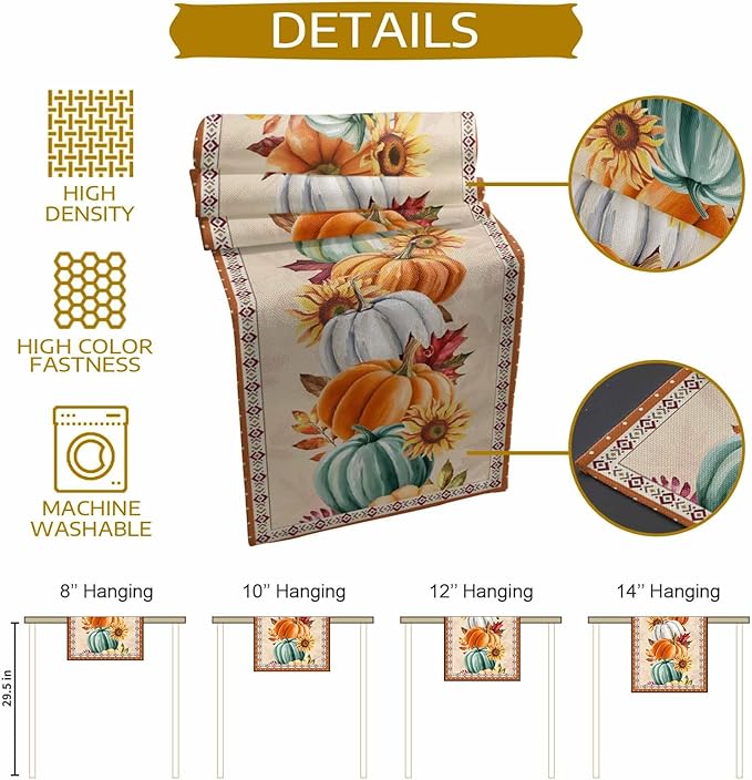 Fall Thanksgiving Southwest Cotton Linen Table Runner for Dining Kitchen, Orange Pumpkins Wedding Outdoor Party Rustic Tablerunners Decoration, Sunflower Dresser Scarf Tablecloth Runners 13x36 Inches