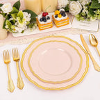 Hioasis 60pcs Pink Plastic Plates - Pink and Gold Disposable Dinnerware with Gold Rim, Heavy-duty, 7.5 inch, Dessert Plates for Party & Wedding