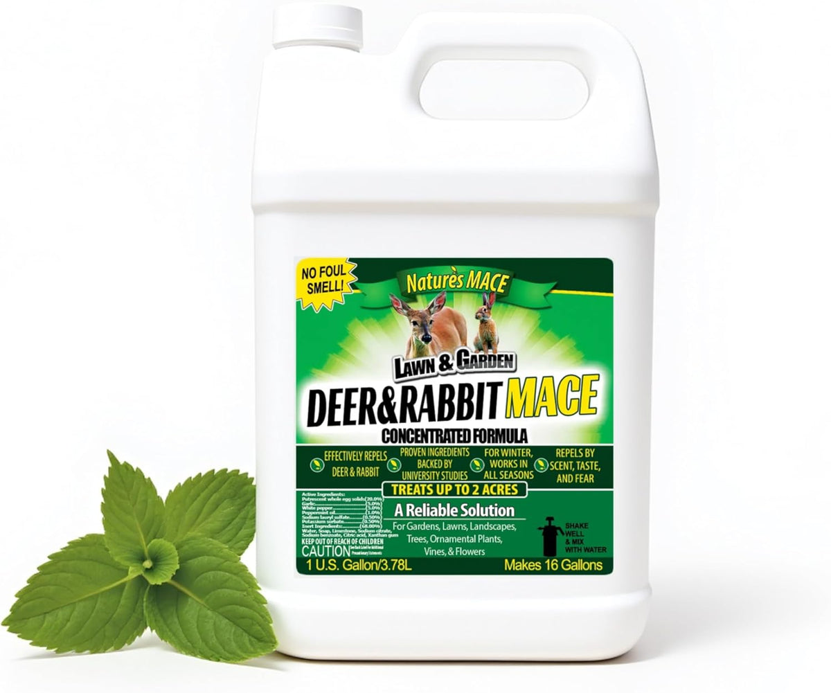 Nature’s MACE Deer and Rabbit Mace, Deer Repellent Spray, Plants, Lawns, Flowers, Gardens, Deer Repellent Spray, Keep Deer Out, Deterrent, All-Season Protection, 1 Gallon Concentrate, Treats 2 Acres