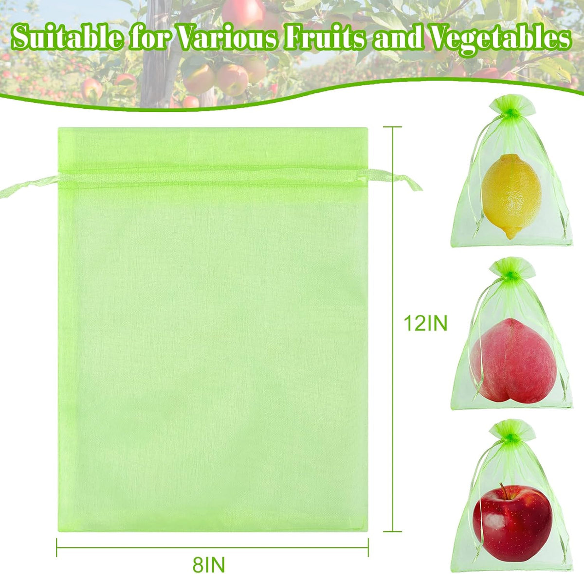 Morcheiong 60Pcs Fruit Protection Bags 8" x 12", Reusable Fruit Netting Bags for Fruit Trees, Garden Netting Mesh Bags with Drawstring (Green)