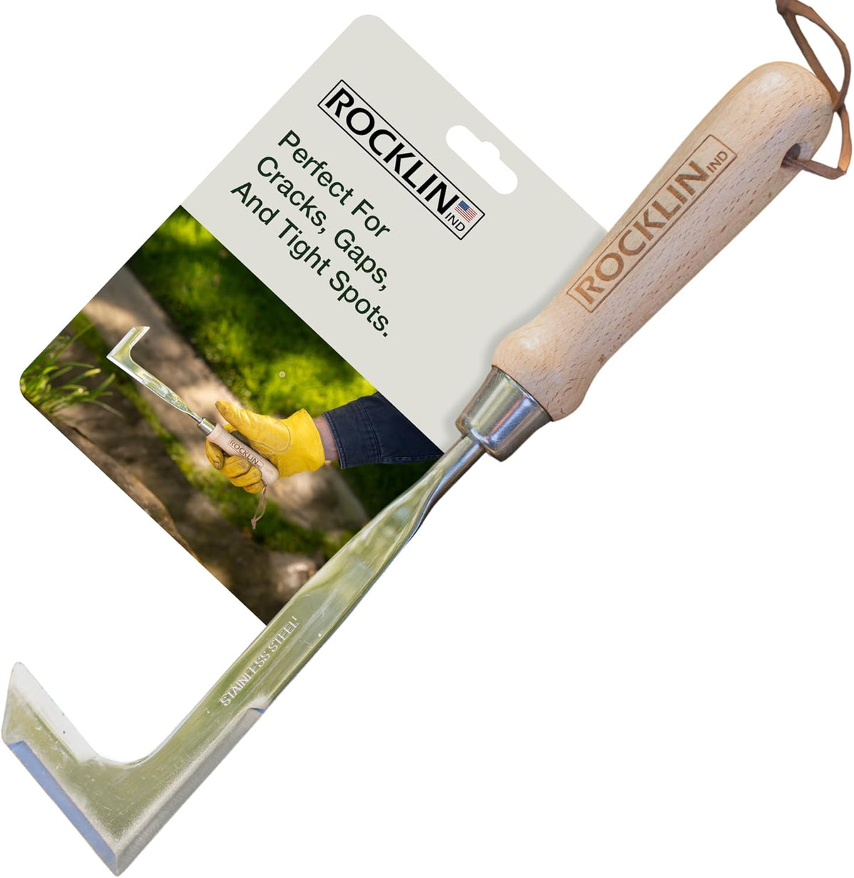 Rocklin™ Crack Weeder – 13" Stainless Steel Manual Crevice Weeding Tool with Beech Wood Handle – L-Shaped Blade for Sidewalk, Patio, and Garden Weed Removal