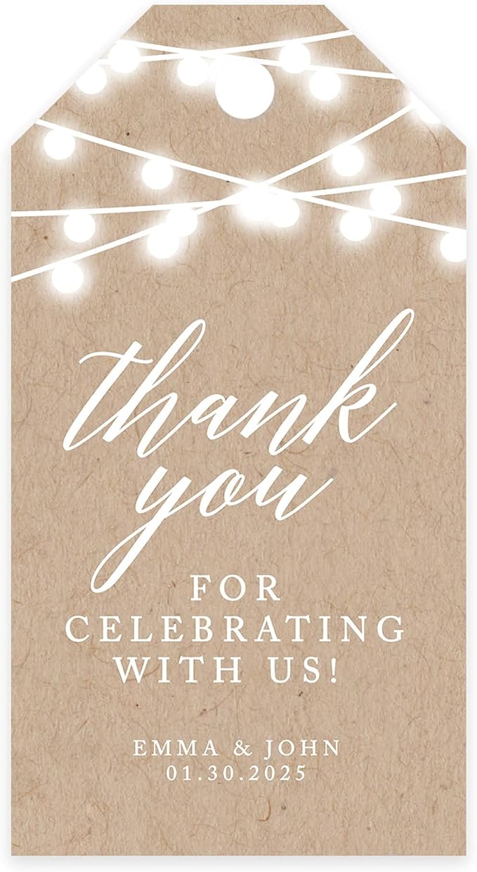 Andaz Press 100-Pack Personalized Thank You for Celebrating with Us Wedding Favor Tags with Bakers Twine Rustic String Lights Custom Cardstock Wedding Gift Tags for Party Favors 2 x 3.75-Inches