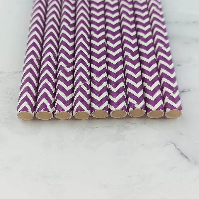 YAOSHENG Premium Disposable Waves Striped Drinking Paper Straws, Pack 100 Purple Waves Paper Straws for Cocktail Party Supplies,Birthday,Bridal/Baby Shower,Juice,Shakes (Purple Waves)