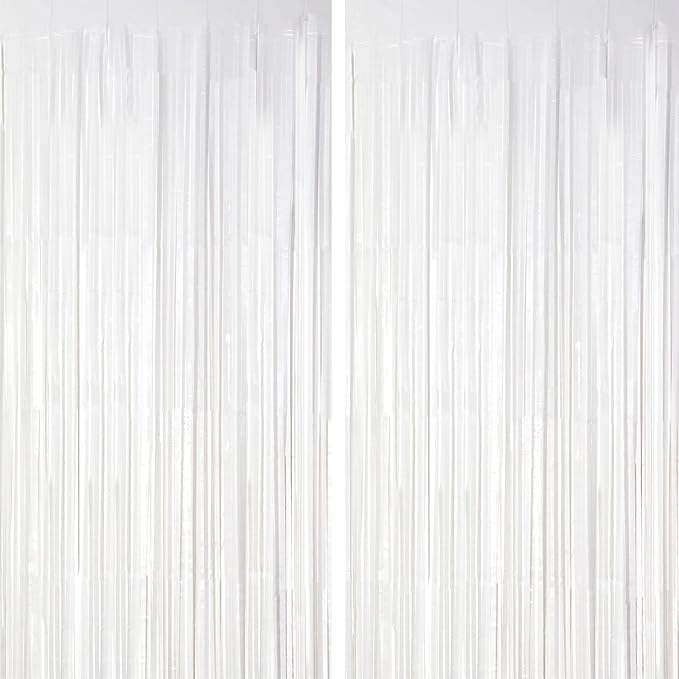 2 Pack White Tinsel Foil Fringe Curtains, White Party Decorations, Metallic Tinsel Party Streamers Backdrop for Birthday Baby Shower Graduation Wedding Anniversary Party Decorations