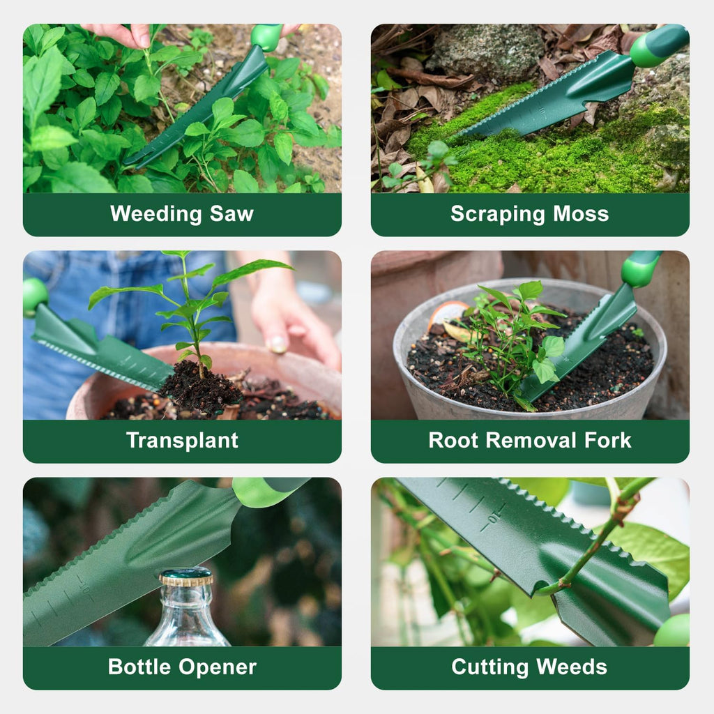 Hand Weed Puller Tool, 5-in-1 Multipurpose Garden Trowel with Soft Handle, Weeding Tool with Serrated Edges Measuring Scale for Easy Weeder Removal, Planting, Transplanting, Digging, Cutting