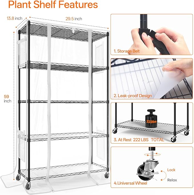 Bstrip Indoor Greenhouse with Grow Light, Mini Green House with 4 Pack 24W Full Spectrum Plant Lights with Timer, Plant Shelf with Tent for Indoor Plant, Seed Starting, Seed Tray, 35.4"x13.8"x59"