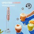 YUSWKO Rose Gold Handheld Milk Frother Wand with Stand for Coffee, Rechargeable Electric Whisk with 3 Heads 3 Speeds Drink Mixer Coffee Frother For Latte, Cappuccino, Hot Chocolate, Egg