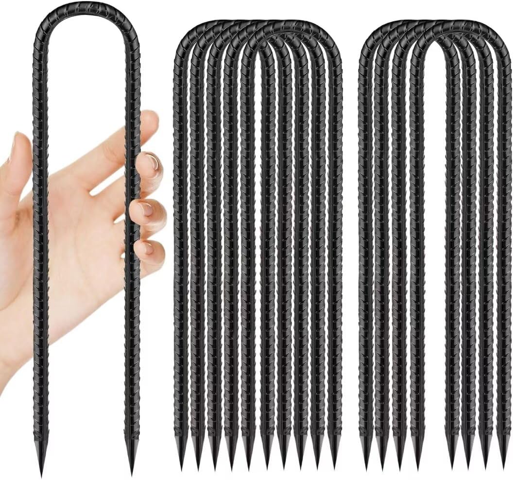 Ground-Stakes-Heavy-Duty-12 inch, U-Hook Rebar Stakes Black Coated Anti-Rust 10pcs Garden Stakes Metal Ground Anchors for Garden Dog Fence Chicken Coop Christmas Decorations Deer Fence