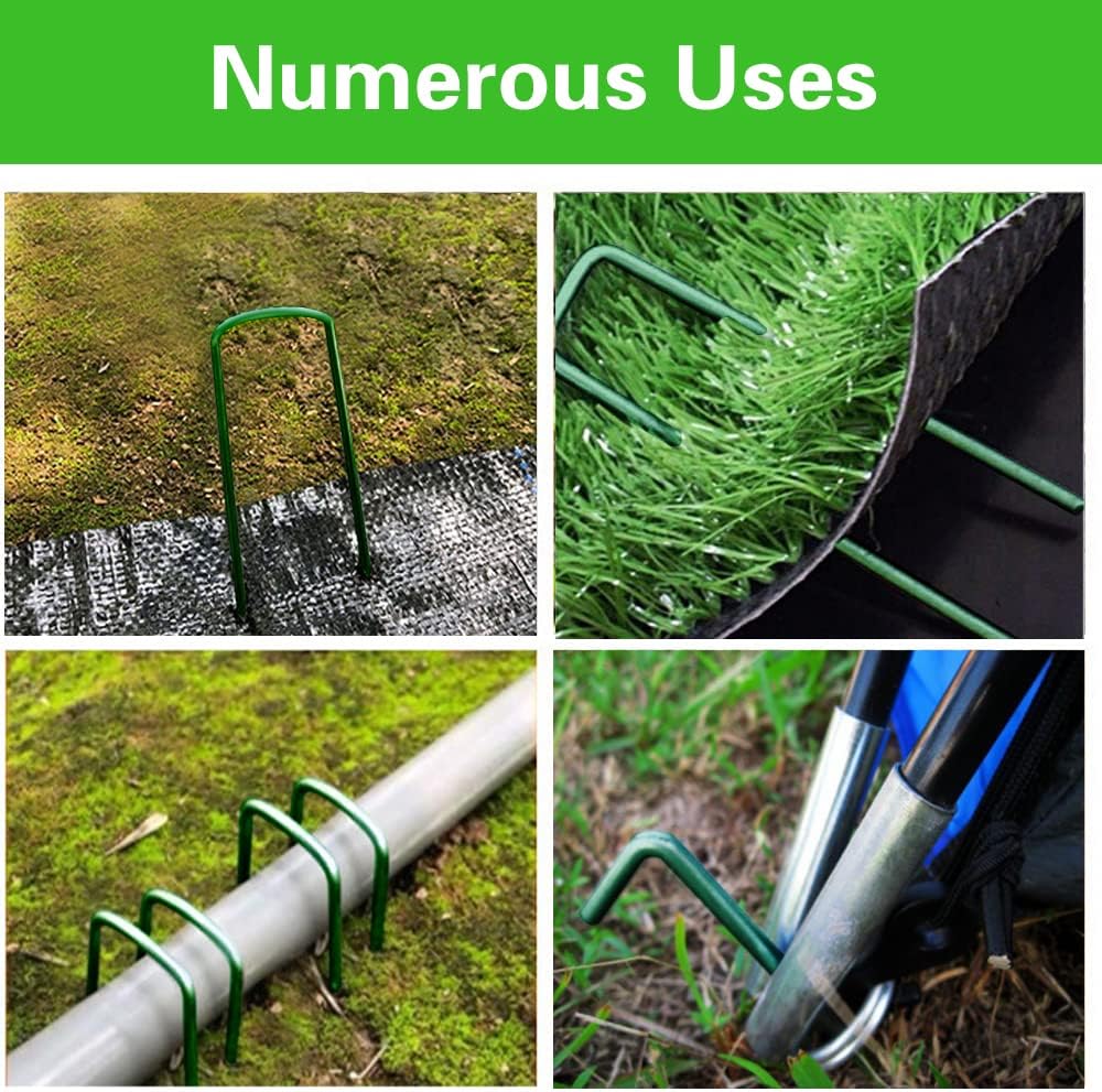 Bakulyor 50Pcs Green Landscape Staples 6 Inch Garden Artificial Turf Stakes Staples, 11 Gauge Lawn Galvanized Ground Fabric Pins for Weed Barrier Sod Decorations Holding Fence and Irrigation Tubing