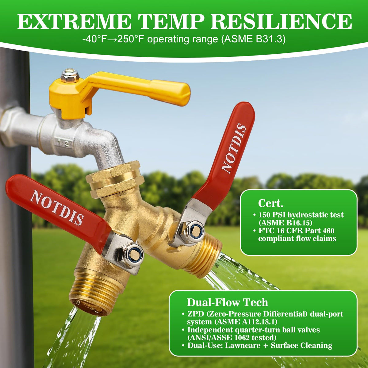 Hose Splitter 2 Way Heavy Duty Brass Garden Hose Splitter with 304 Stainless Steel Long Handle Outdoor Full Flow Hose Splitter Connector,Y Valve 3/4 Inch GHT Thread