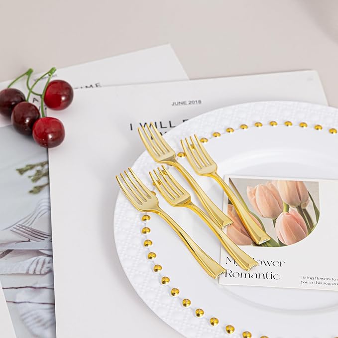 N9R 300PCS Gold Plastic Mini Forks, 4 Inches – Heavy Duty Disposable Cocktail, Dessert & Appetizer Forks, Elegant Party Serving Utensils for Tastings, Finger Foods, Weddings, Events