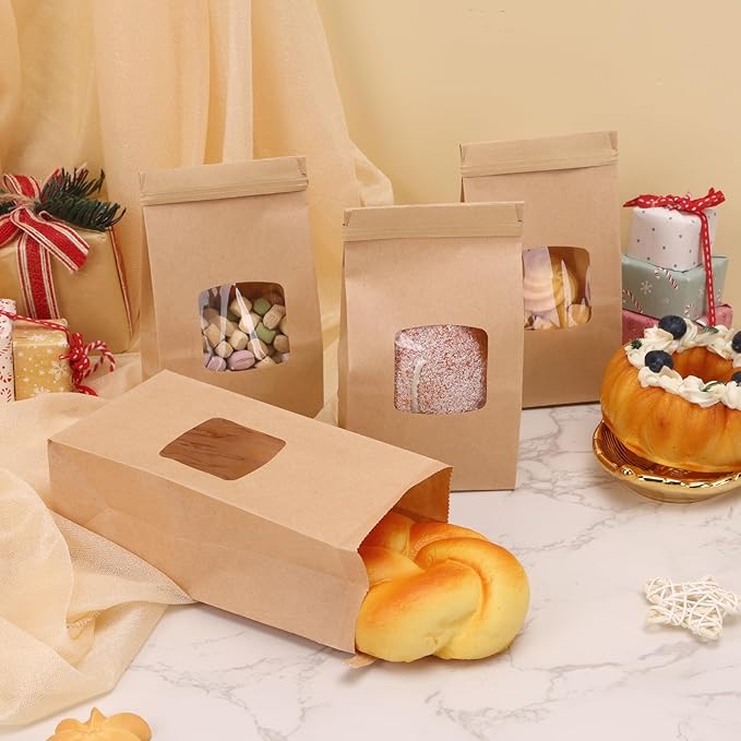 Moretoes 55pcs Small Bakery Bags with Window, 3.54x2.36x6.7in Tin Tie Tab Kraft Paper Bags for Cookie Coffee Bread Bakery Packing