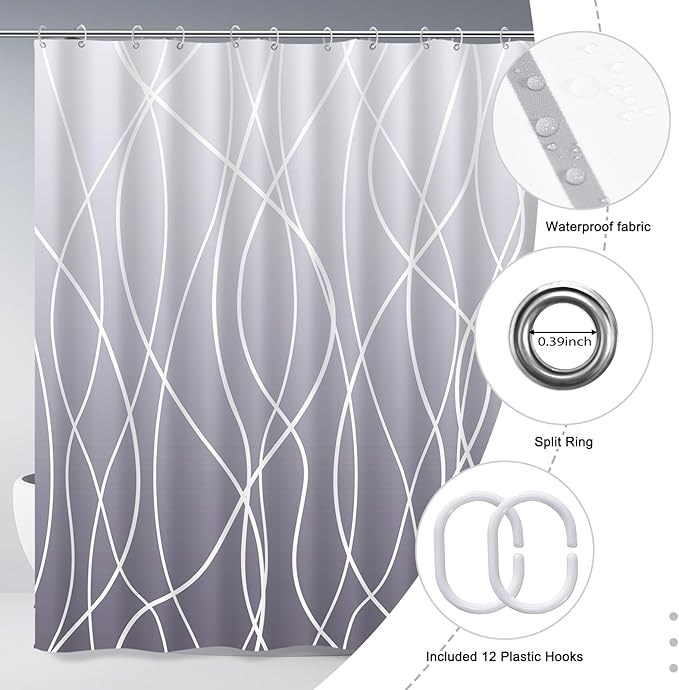 Punkray Ombre Purple Shower Curtain for Bathroom with Hooks, White Shower Curtain Set, Stripe Bath Curtains Decorative Shower Curtains Water Repellent Washable, 72 x 72