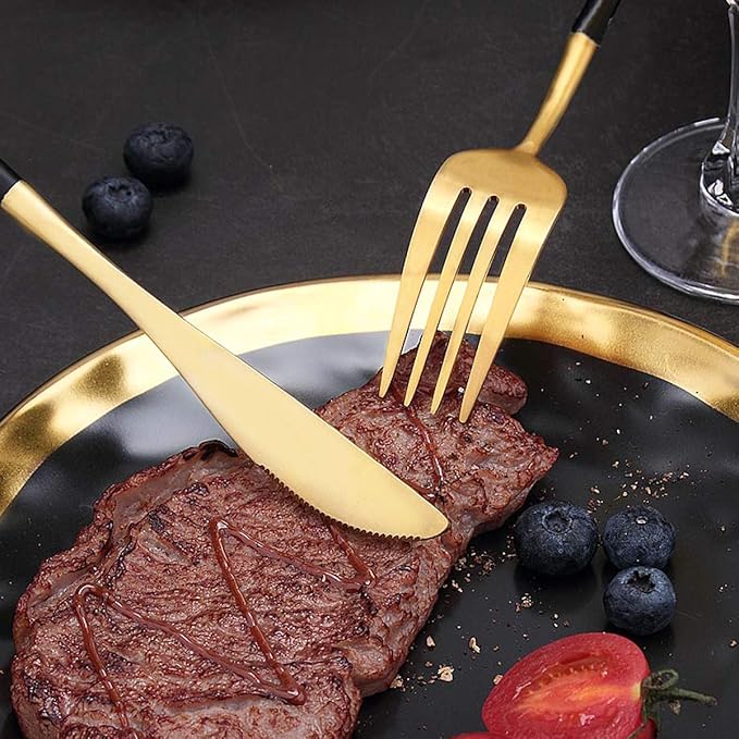I00000 144 PCS Black Silverware Set, Plastic Silverware with Black Handle, Gold Plastic Cutlery Includes: 48 Forks, 48 Knives and 48 Spoons for Party or Dinner& Wedding