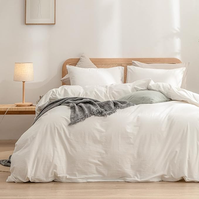 BESTOUCH Duvet Cover Set 100% Washed Cotton Linen Feel Super Soft Comfortable Chic Lightweight 3 PCs Home Bedding Set Solid Off White Oversized King
