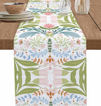 Green Blue Pink Boho Floral Cotton Linen Table Runner for Dining Kitchen, Wedding Outdoor Party Tablerunners Decoration, Retro Bohemian Botanical Dresser Scarf Coffee Tablecloth Runners 13x36 Inches