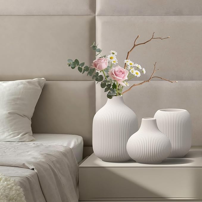 White Ceramic Vases Set of 3, Modern Minimalist Ribbed Vases for Centerpiece, Home Office Shelf Decor, Farmhouse Kitchen Bathroom Bedroom Living Room Decor