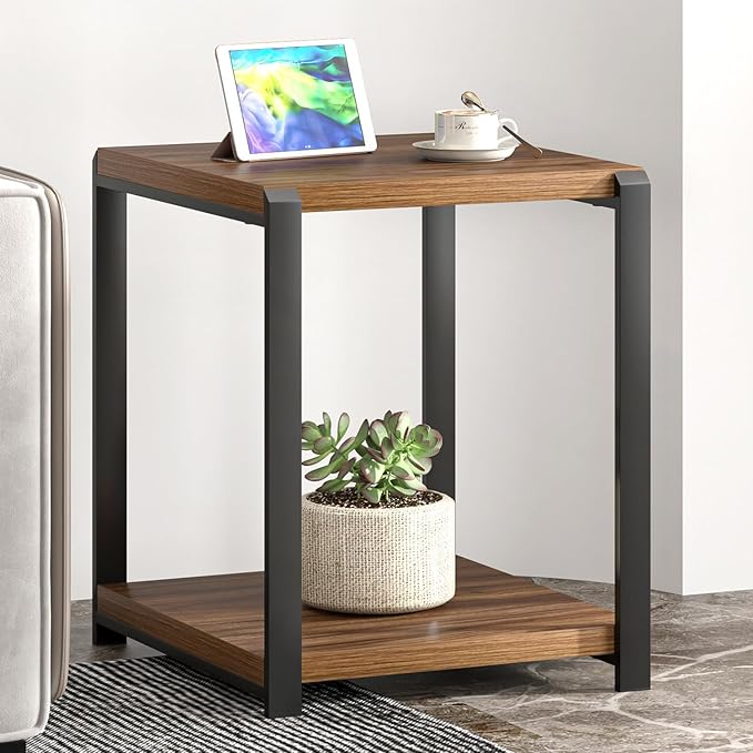 FOLUBAN Modern End Table, Square Side Table with Storage Shelf for Living Room, Rustic Wood Night Stand for Bedroom, Walnut