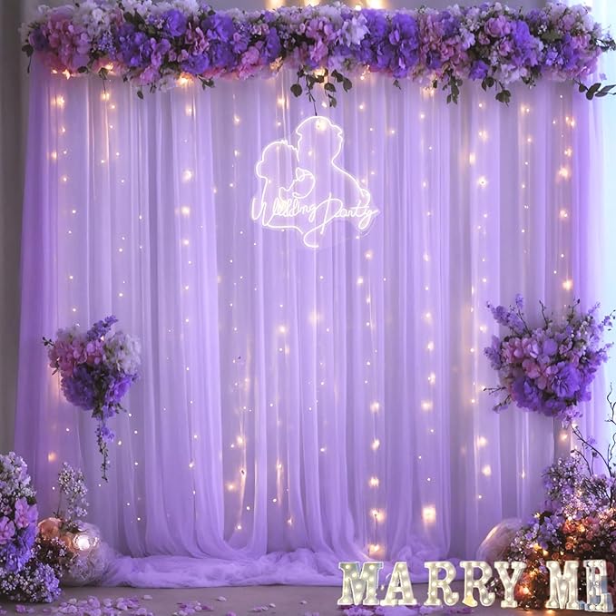 Lavender Tulle Backdrop Curtain with Lights String for Wedding Baby Shower 20×8ft Lavender Sheer Backdrop Curtain for Bridal Shower Birthday Party Photoshoot Background Decorations(4 Panels 5×8ft)