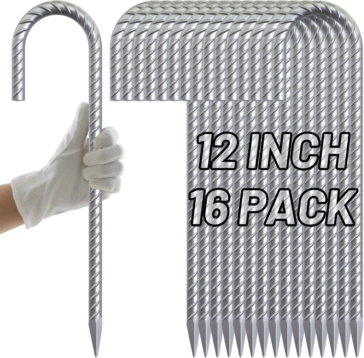 AAGUT 12 Inch Rebar Stakes J Hook 16 Pcs 3/8" Chain Link Fence Stakes Heavy Duty Galvanized Steel Tent Stakes Ground Anchors for Hard Firm Soil, Silver