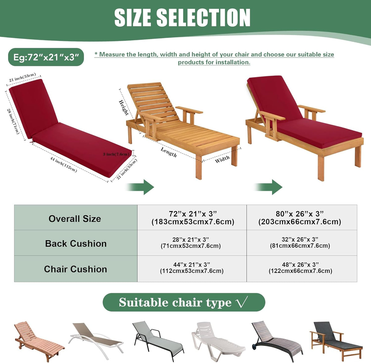 Chaise Lounge Cushions Outdoor Set of 4 - Waterproof and Fade Resistant Sun Lounger Replacement Cushions - Patio Lounger Pads with Removable Cover for Pool, Deck, Lawn, 72 x 21 x 3 Inch, Red
