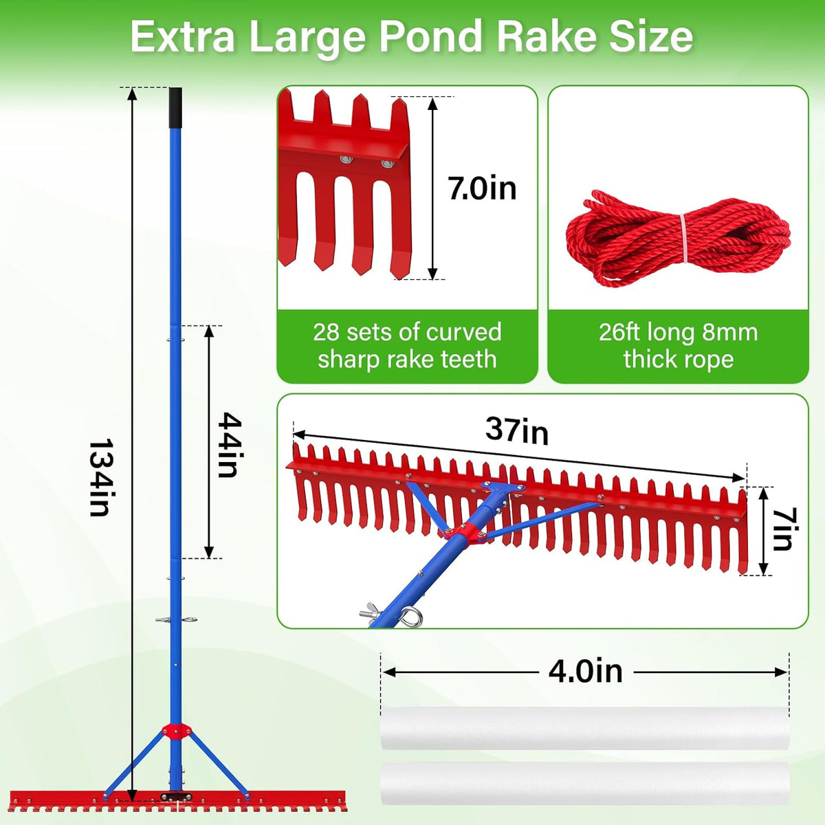Lake Rake,Pond Rake Aquatic Weed Rakes,Large Heavy Duty Aluminum Aquatic Rakes with 7" Metal Tines 11FT Extension Handle,26FT Rope and Float for Removal of Weeds,Leaves(Patents Pending)
