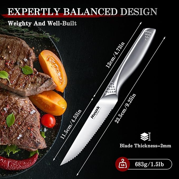 Huusk Serrated Steak Knives Set, 4.5" Japanese Stainless Steel Steak Knives Set of 8, Sharp Dishwasher Safe Dinner Knife for Kitchen Table with Gift Box