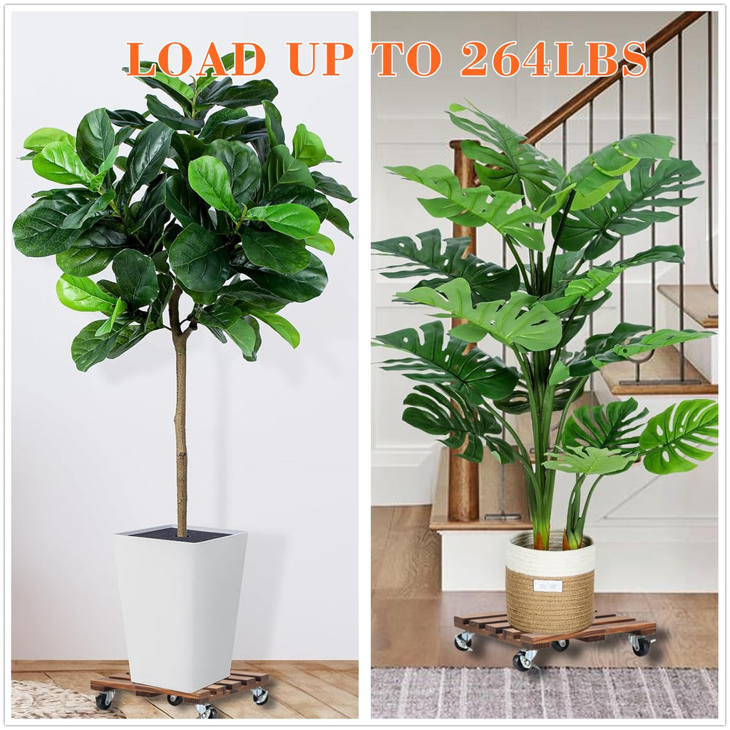 2 Pack Plant Stand with Wheels, 12" Rolling Plant Stand 264 LBS Heavy Duty Wooden Square Plant Caddy with Metal 360° Lockable Caster Wheels for Outdoor Indoor Large Plant Pots, Flower Pot, Patio