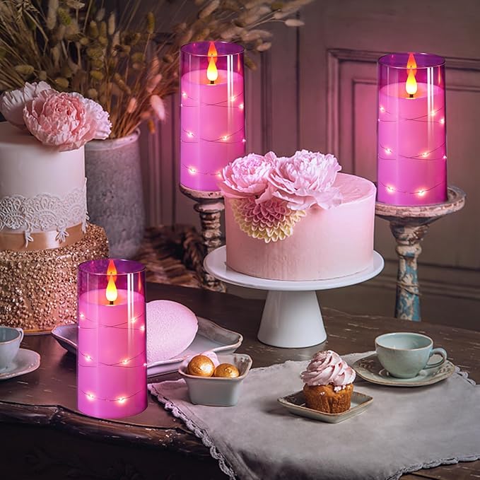 NURADA Flickering Flameless Candles: Built-in Star String Lights 3D Wick Acrylic Battery Operated LED Pillar Candles with Remote and Timer for Table Wedding Centerpieces Party 3 Pack Purple