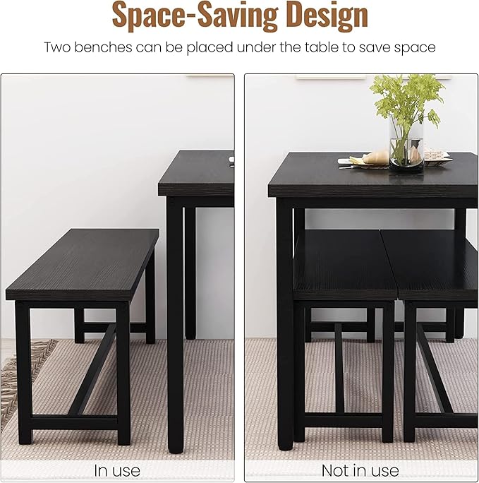 Dining Room Table Set with 2 Benches, Farmhouse Dining Table Set for 4-6, Wood Breakfast Table Set Dinner Table Set Kitchen Table and Chairs for Breakfast Nook Small Spaces, Black