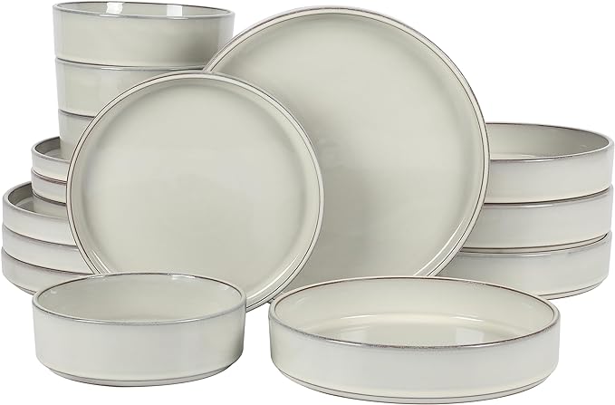 Bloomhouse - Oprah's Favorite Things - Santorini Mist Double Bowl Terracotta Reactive Glaze Plates and Bowls Dinnerware Set - Moonstone White, Service for Four (16pcs)
