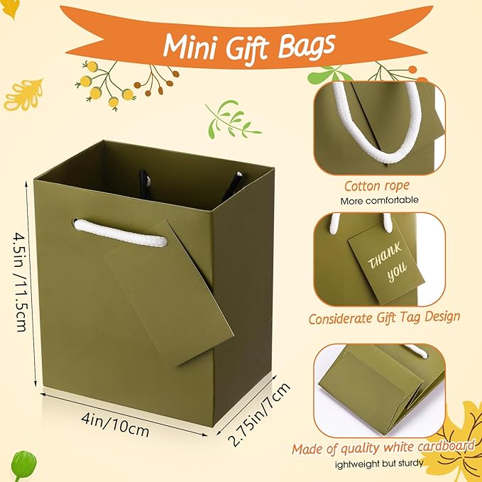 Sherr 100 Pcs Mini Gift Bags Bulk, 4 x 2.75 x 4.5 Inches Paper Bags with Tags, Extra Small Paper Gift Boxes with Handles for Birthday, Party Favors, Weddings, Small Business (Fall Color)