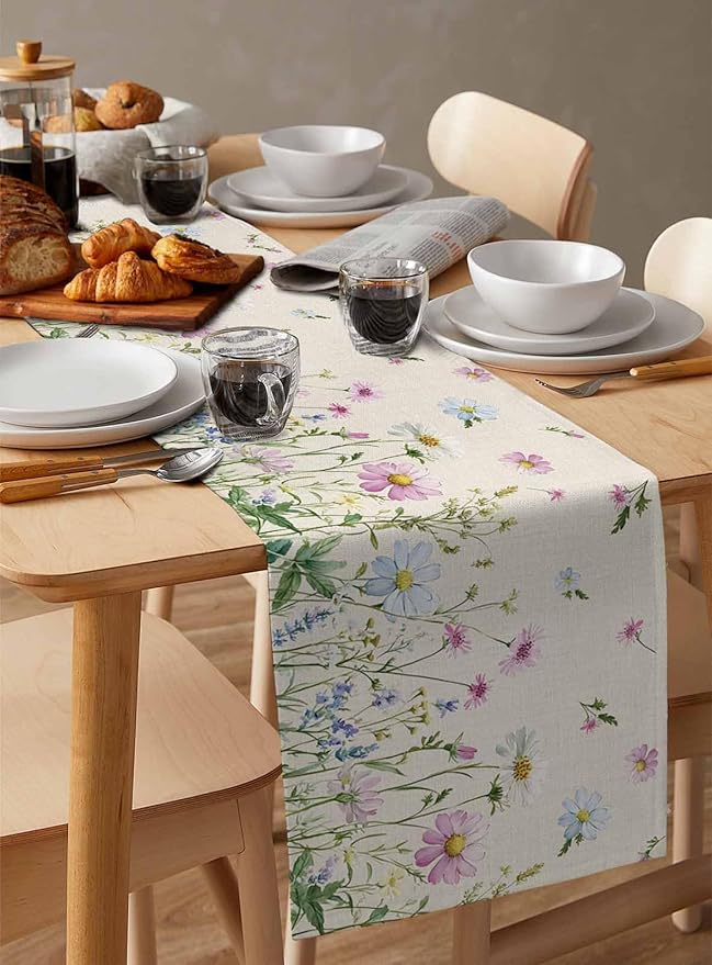 Vintage Wildflowers Cotton Linen Table Runner for Dining Kitchen, Wedding Outdoor Party Tablerunners Decoration, Farm Floral Pink Botanical Plants Dresser Scarf Coffee Tablecloth Runners 13x36 Inches