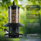 Squirrel Proof Bird Feeder - 360° Feeding Perch Tray for Outdoor Hanging Wild Bird Seeds, Dark Green.