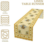 Honey Bee Table Runner, Farmhouse Yellow Sunflower Retro Summer Linen Tables Runners for Kitchen Dining Table Home Party Decor, 13x108inch