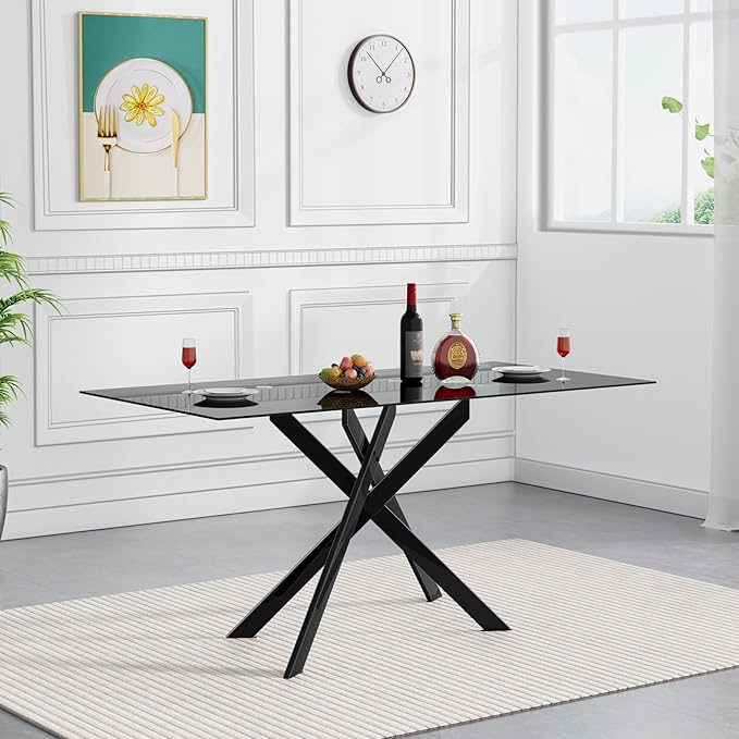 51.18" Glass Dining Table for 4-6, Dining Room Table with Black Tempered Glass and Black Metal Legs, Modern Rectangular Kitchen and Dining Room Dinner Table for Kitchen