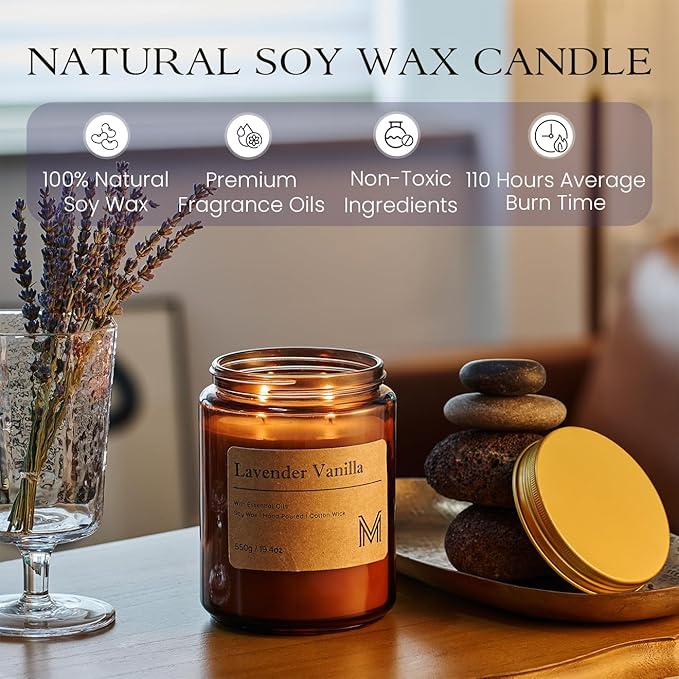 M&SENSE Lavender Vanilla Home Scented Candle | 19.4oz, 115-Hour Burn | Natural Organic Soy Wax | Long-Lasting for Stress Relief and Gifting | for Bedroom，Relaxing SPA，Office