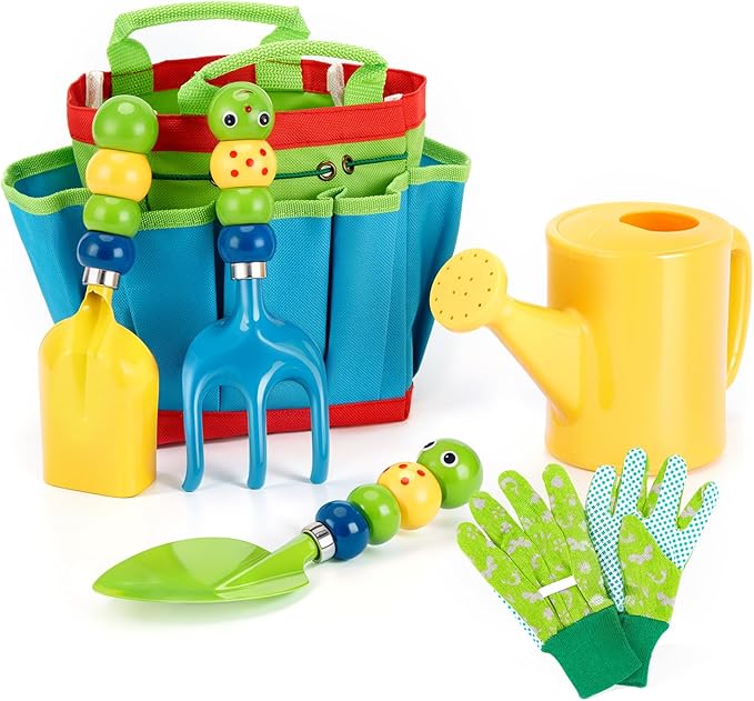 FITNATE Green Kids Garden Tools Set,6 PCS Gardening Tools for Kids Including Watering Can, Shovel, Rake, Fork, Children Gardening Gloves and Garden Tote Bag, All in One Set