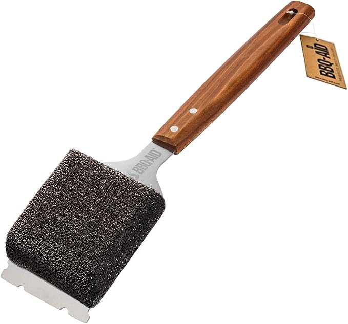 BBQ-AID Bristle Free Grill Brush and Scraper for Barbecue - Extended Large Wooden Handle With Replaceable Head - No Scratch BBQ Cleaning Accessories for Outdoor Grills